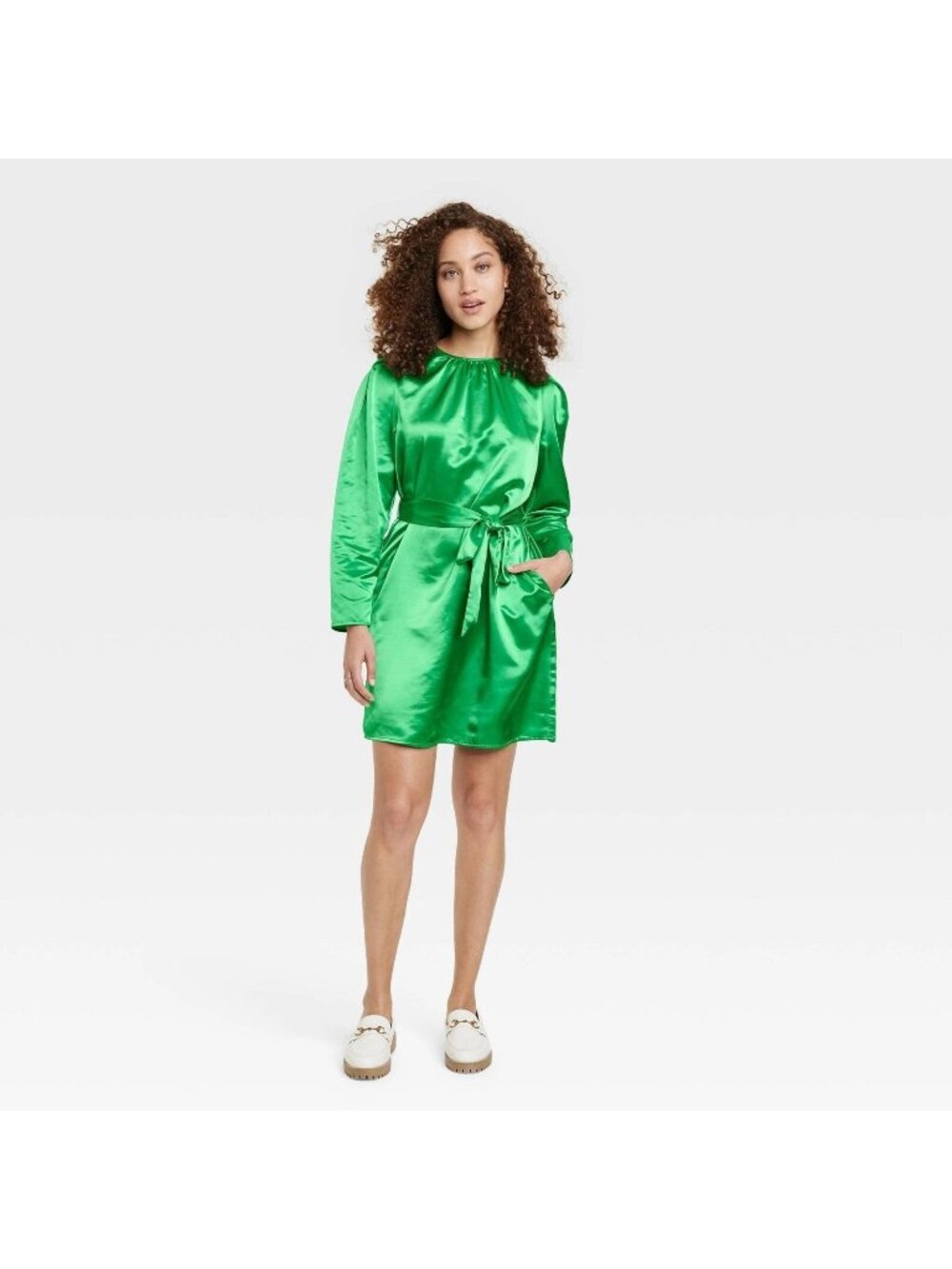 A New Day Balloon Sleeve Green A-Line Satin Mini Dress w/ Belt -- Size XS 0/2